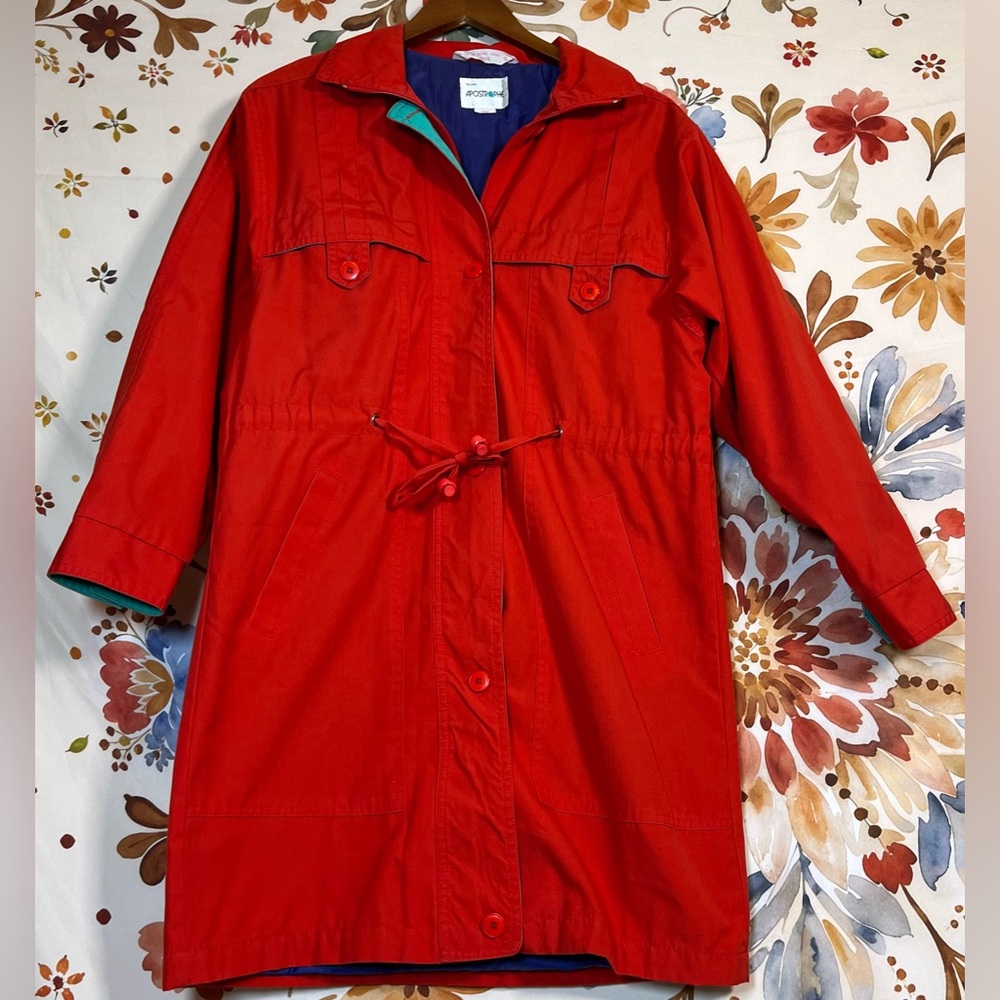 VTG Apostrophe M/L 90s Bright Red Blue Zip Button Adjustable Waist Trench Coat